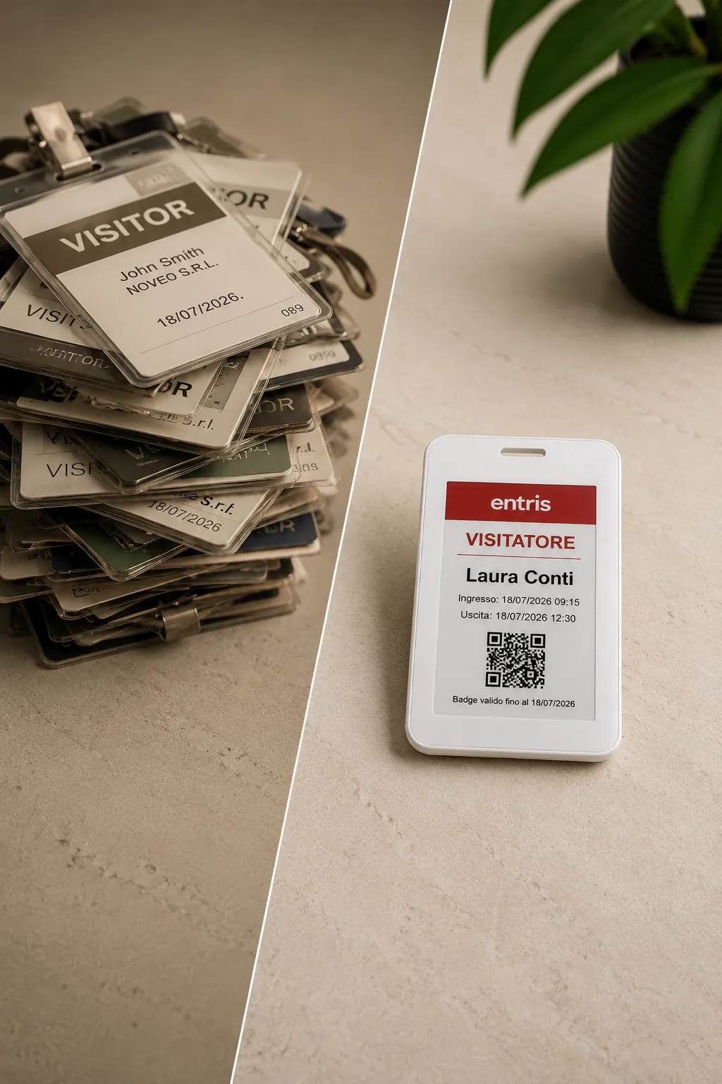 Confronto tra una pila di vecchi badge visitatori plastificati usa e getta e un unico badge e-paper Entris riscrivibile con nome, orari e QR