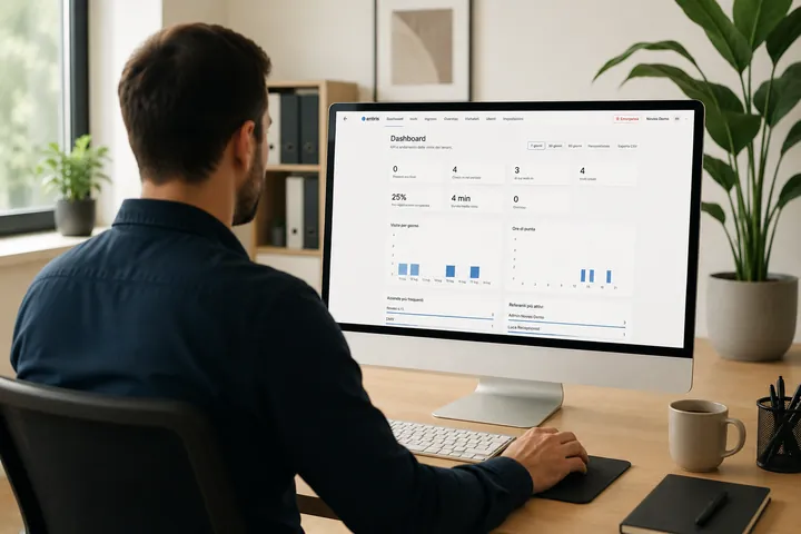 Dashboard Entris con presenti e KPI su un monitor in ufficio