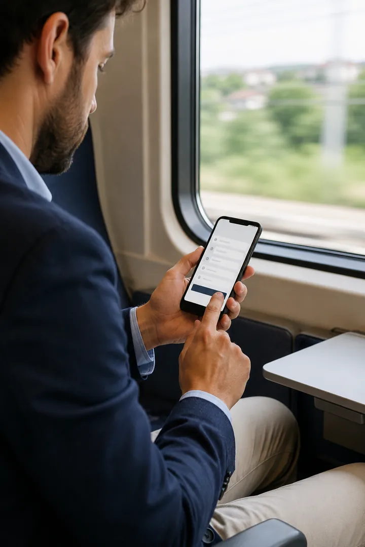 Ospite che completa la pre-registrazione da smartphone in treno
